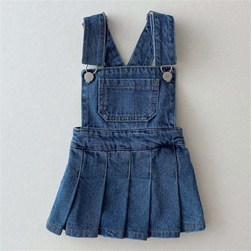 Baby Girl Denim Fabric Strap Design Pleated Dress Fashion Korean Style Dress