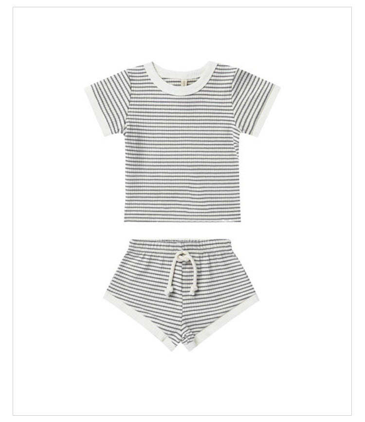 Kids Striped Pattern Contrasting Color Design Round Collar Short-Sleeved Top Combo Shorts Sets
