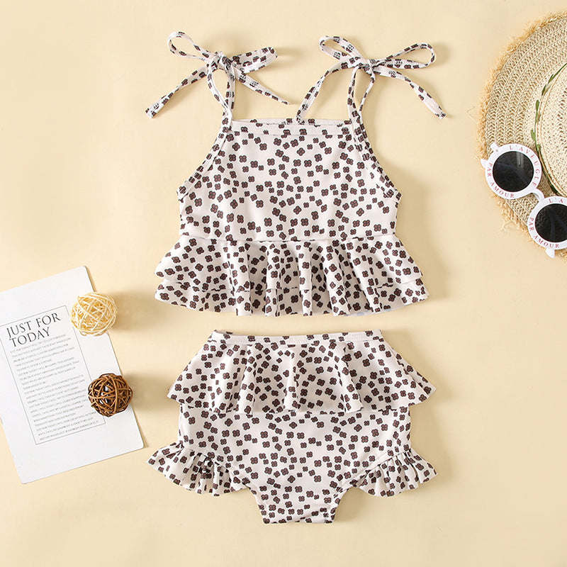 Baby Girl Floral Print Pattern Belt Design Sling Tops Combo Shorts Swimsuit Sets In Summer