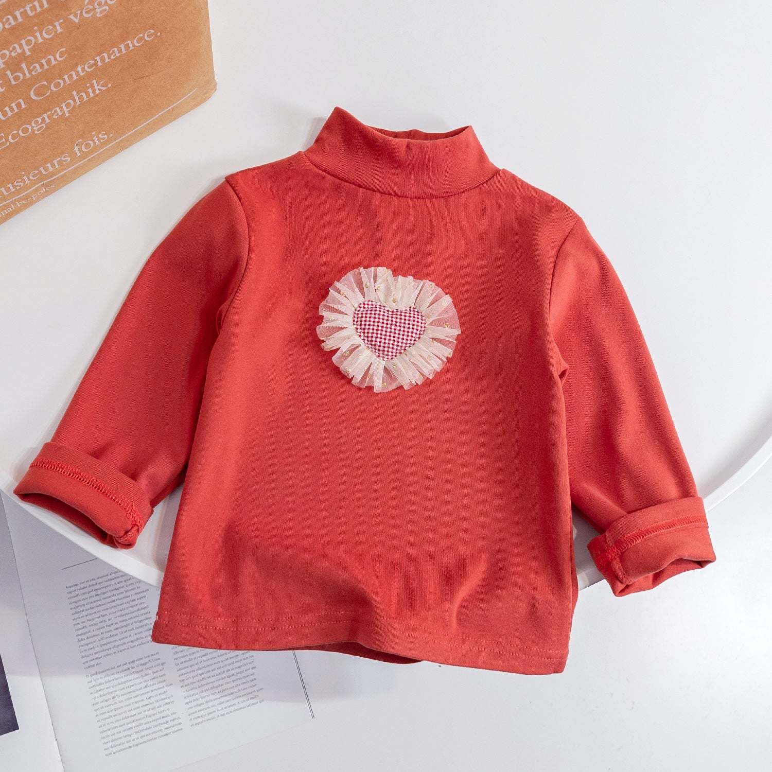 Baby Girl Mesh Heart Patched Pattern Solid Color Half Turtleneck Tops