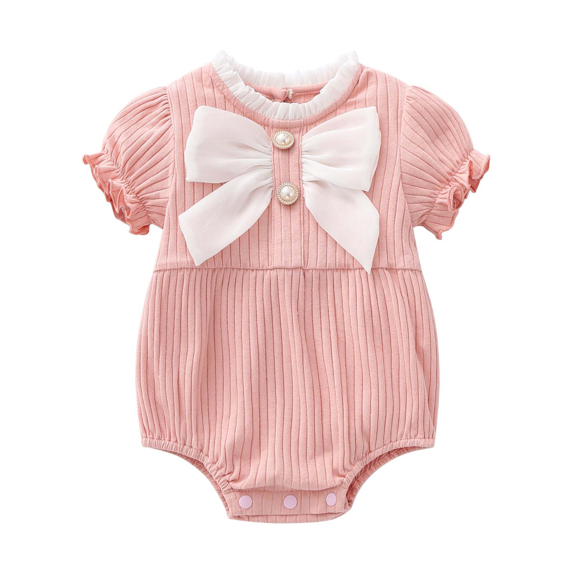 Baby Girls Solid Color Lace Design Puff-Sleeved Fashion Onesies With Bow Decoration In Summer