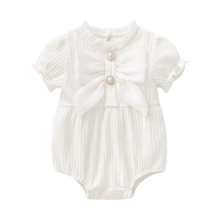 Baby Girls Solid Color Lace Design Puff-Sleeved Fashion Onesies With Bow Decoration In Summer