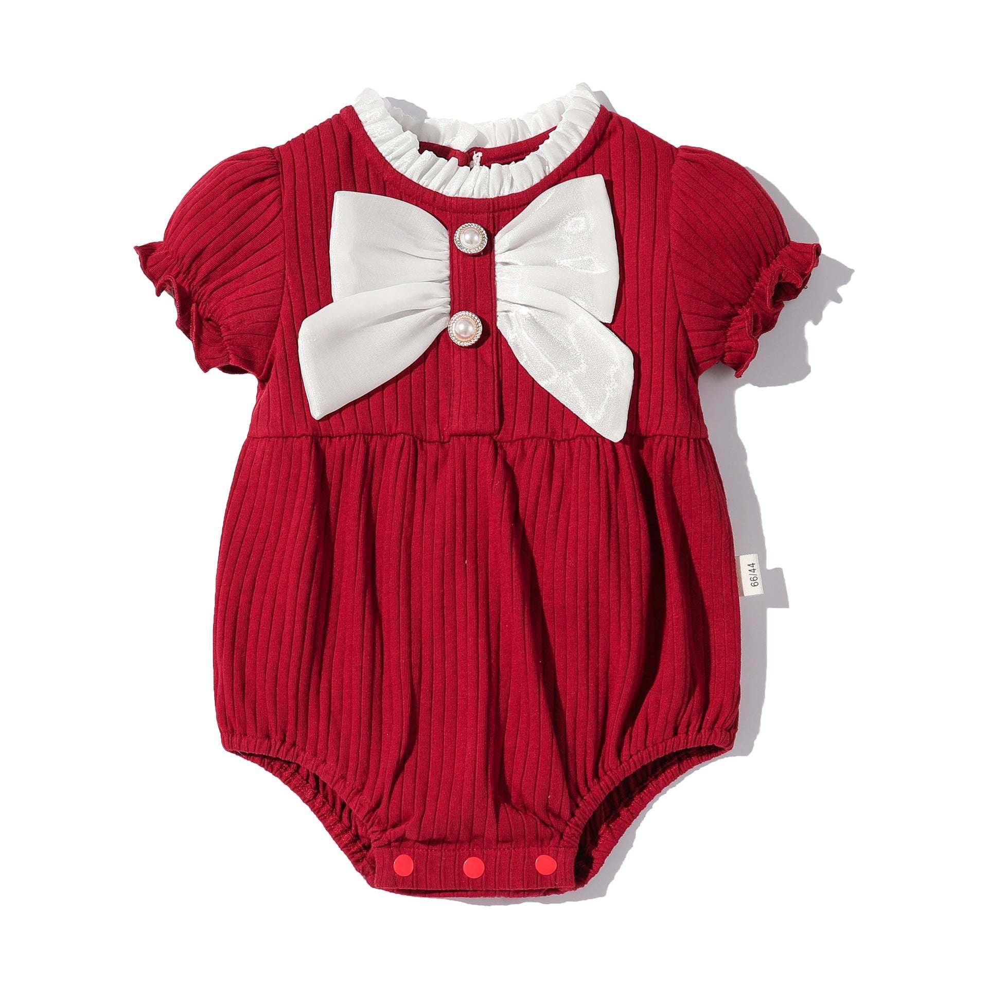 Baby Girls Solid Color Lace Design Puff-Sleeved Fashion Onesies With Bow Decoration In Summer