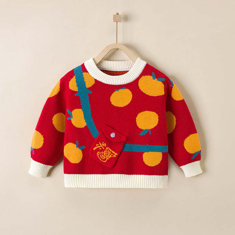Baby Fruit Pattern False Bodycross Bag Design Pullover Sweater