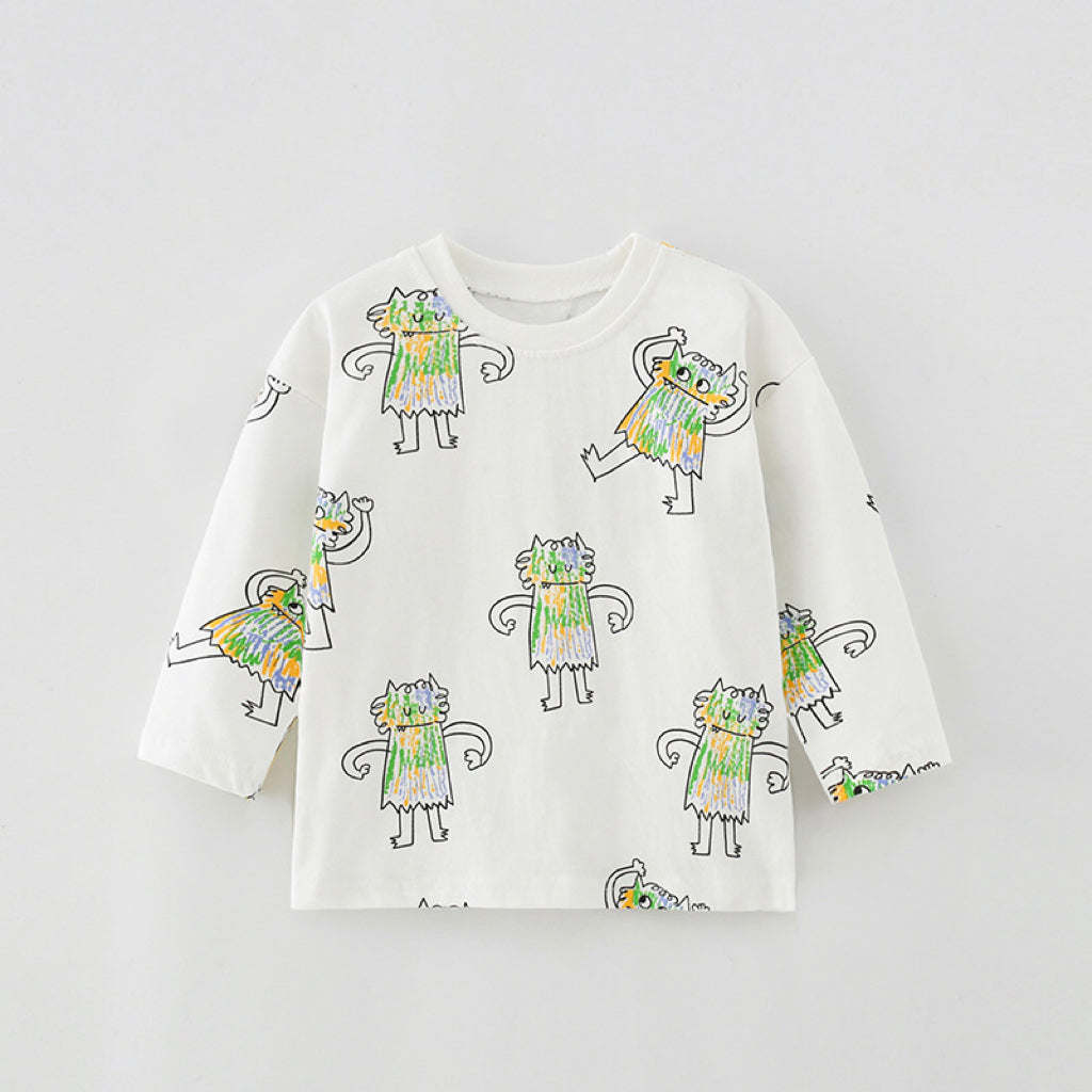Baby Boy Cartoon Print Pattern Soft Cotton Crewneck Long Sleeve Shirt
