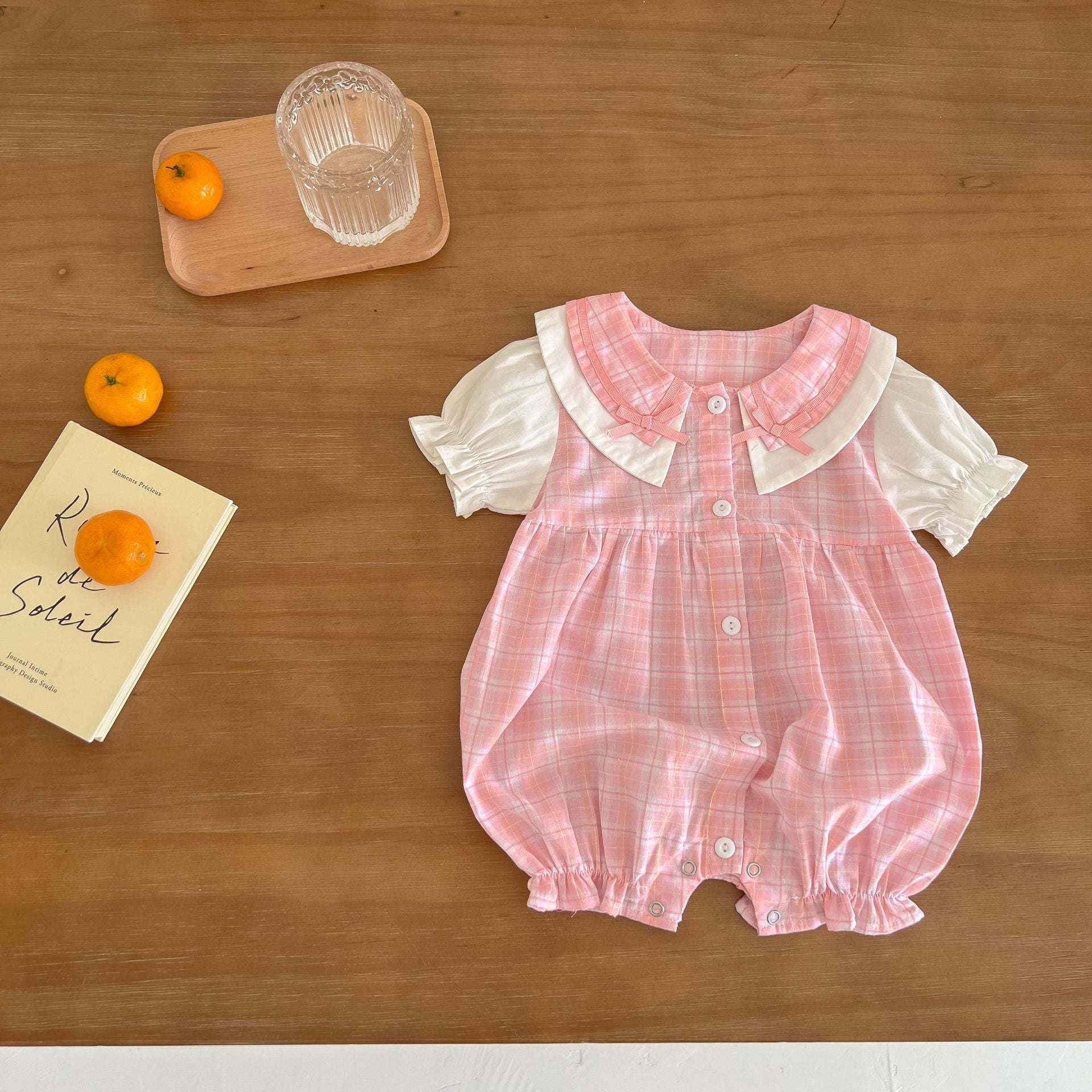 Baby Girl Plaid Pattern Single Breasted Design Puff-Sleeved Bow Doll Collar Rompers