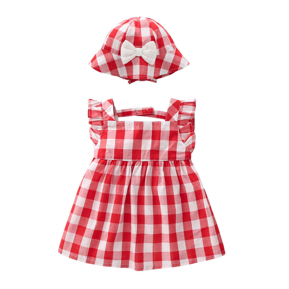 Baby Girls Plaid Print Lace Design Square Collar Sleeveless Dress With Bow Hat In Summer