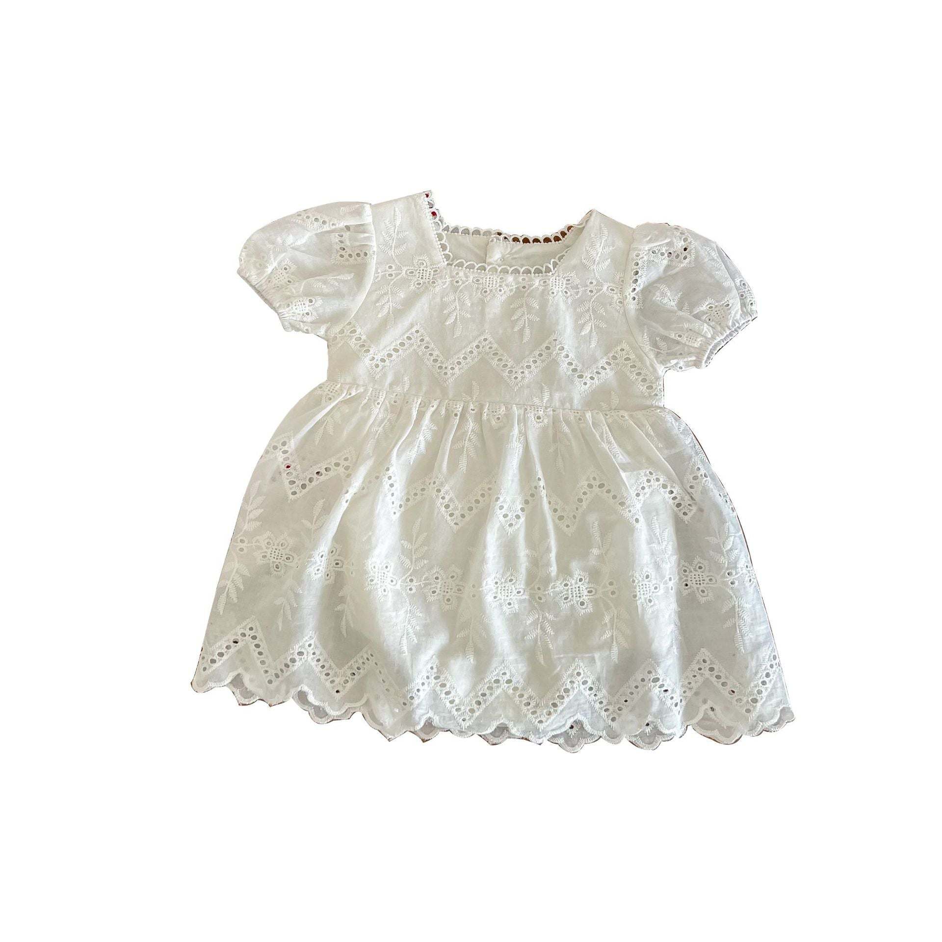 Baby Girls Solid Color Hollow-Carved Design Square Neck Short-Sleeved Dress