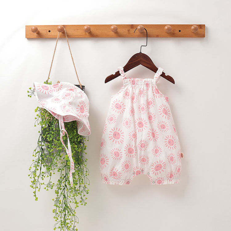 Baby Girls Floral Pattern Sleeveless Summer Rompers With Hat In Summer