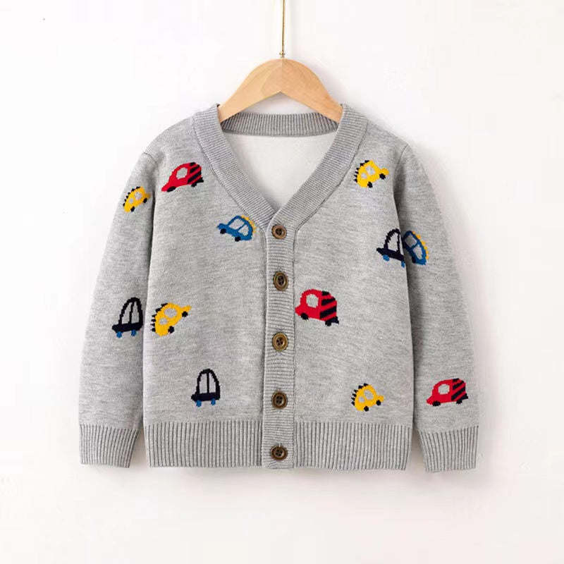 Kid Boys Car Pattern V-Collar Cardigan