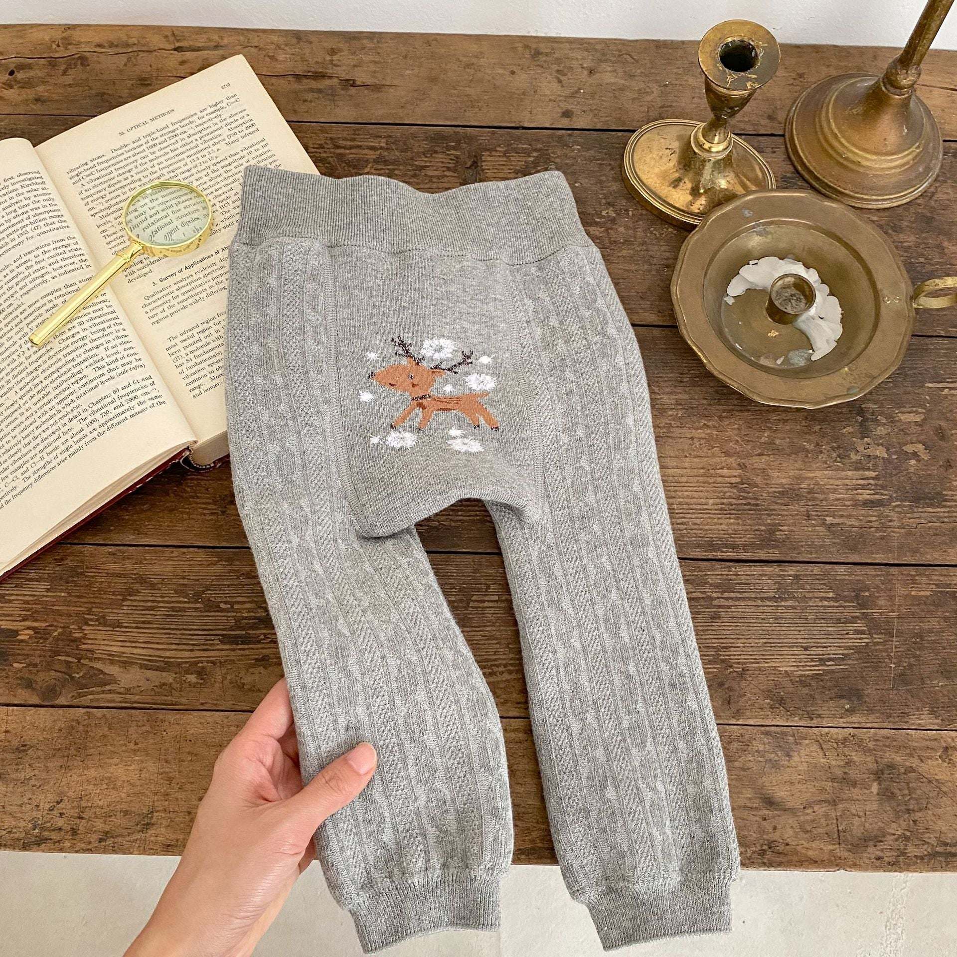 Baby Girl Embroidered Design Solid Color Fleece Pants