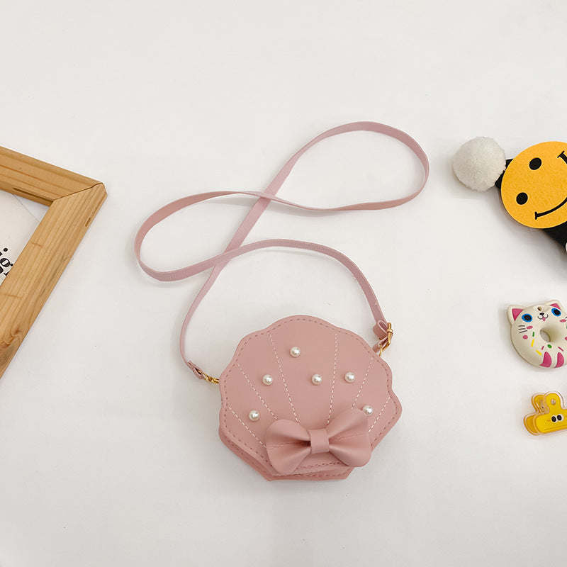 Children Girl Bow Pearl Patched Design Shell Shoulder Bags