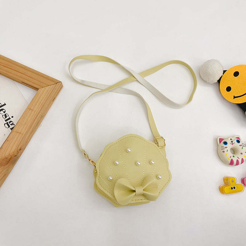 Children Girl Bow Pearl Patched Design Shell Shoulder Bags