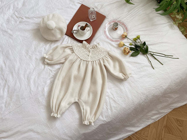 Baby Girl Solid Color Mesh Patchwork Design Long Sleeve Court Style Jumpsuit