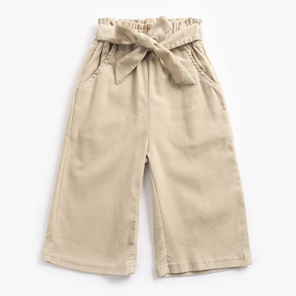 Baby Girl Solid Color Bow Tie Design Corduroy Nine Point Wide Leg Pants