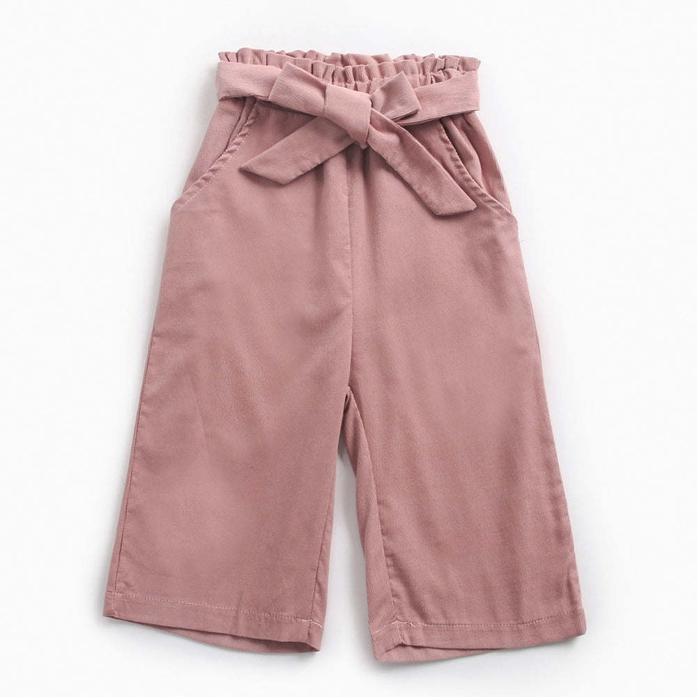 Baby Girl Solid Color Bow Tie Design Corduroy Nine Point Wide Leg Pants