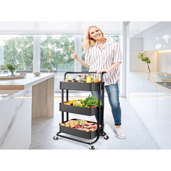 Three-layer mesh utility cart, rolling cart with handle and lockable wheel, multi-function storage rack in kitchen, living room and office