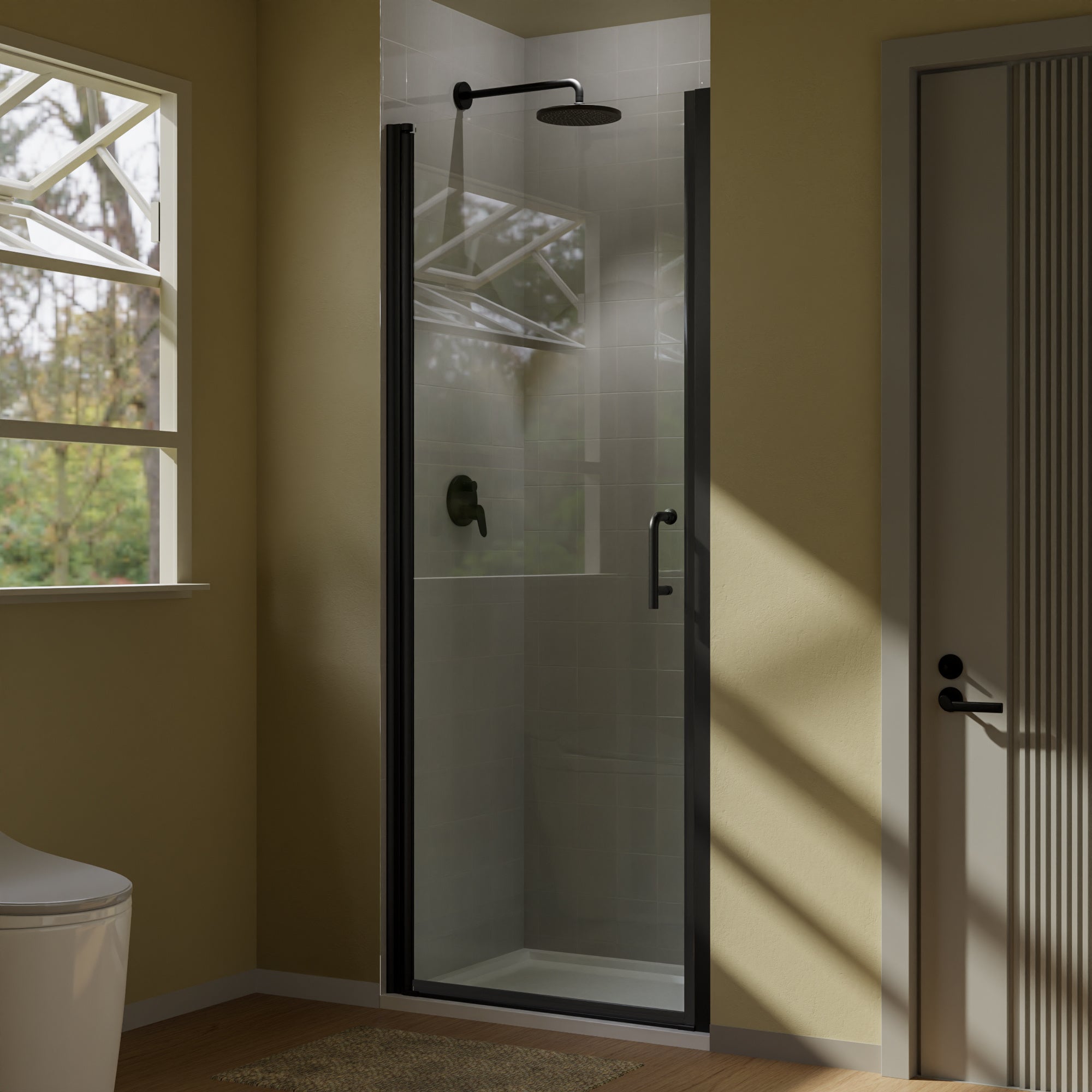 30" x 72" Pivot Glass Shower Door with Tempered Glass Swing Bathroom Shower Doors with Stainless Handle Frameless Hinged Shower Panel Matte Black