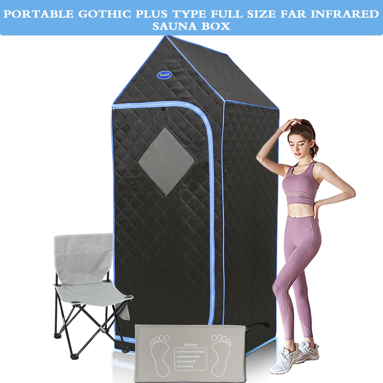 Portable Gothic Roof Plus Type Full Size Far Infrared Sauna tent. Spa;  Detox ; Therapy and Relaxation at home.Larger Space; Stainless Steel Pipes Connector Easy to Install. FCC Certification--Black
