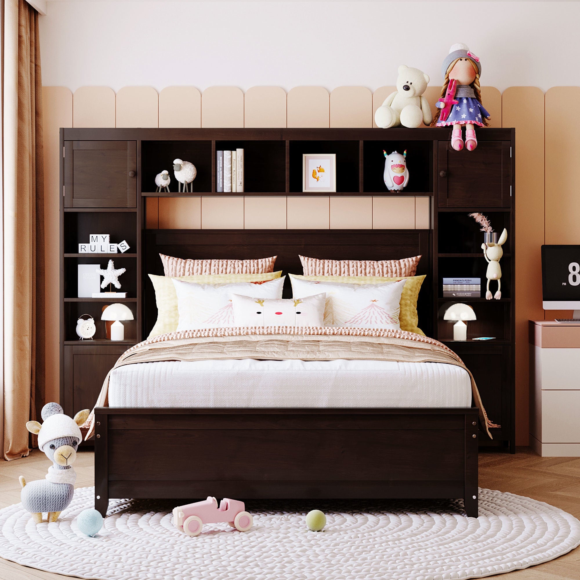 Full Size Wooden Bed With All-in-One Cabinet and Shelf