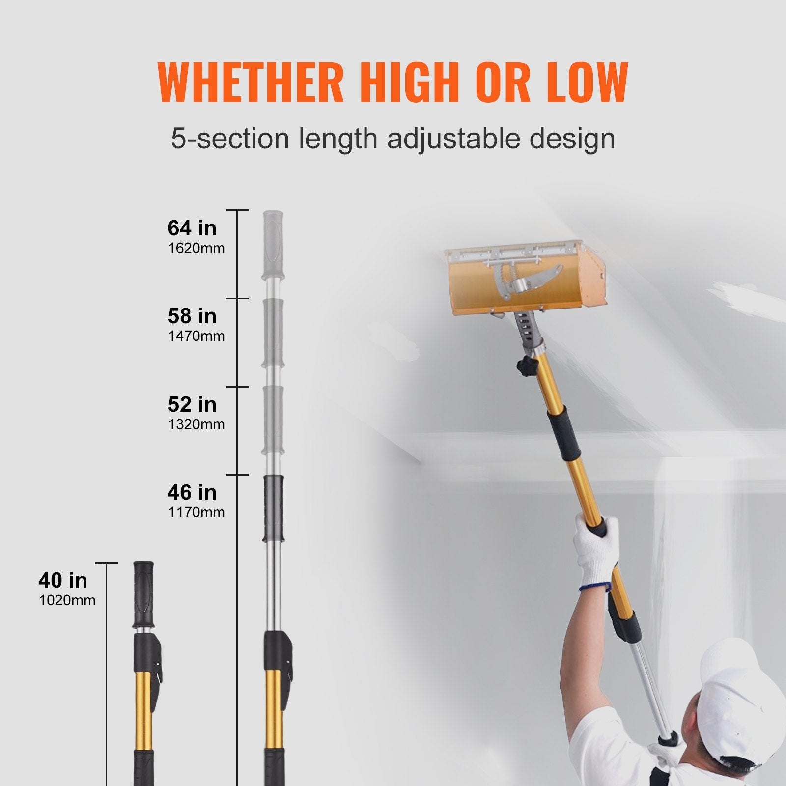 VEVOR Drywall Flat Box Handle; 40''-64''; Anodized Aluminum Flat Finishing Extension Handle; 5-Section Length Adjustable; Non-slip Grip and 360° Paint