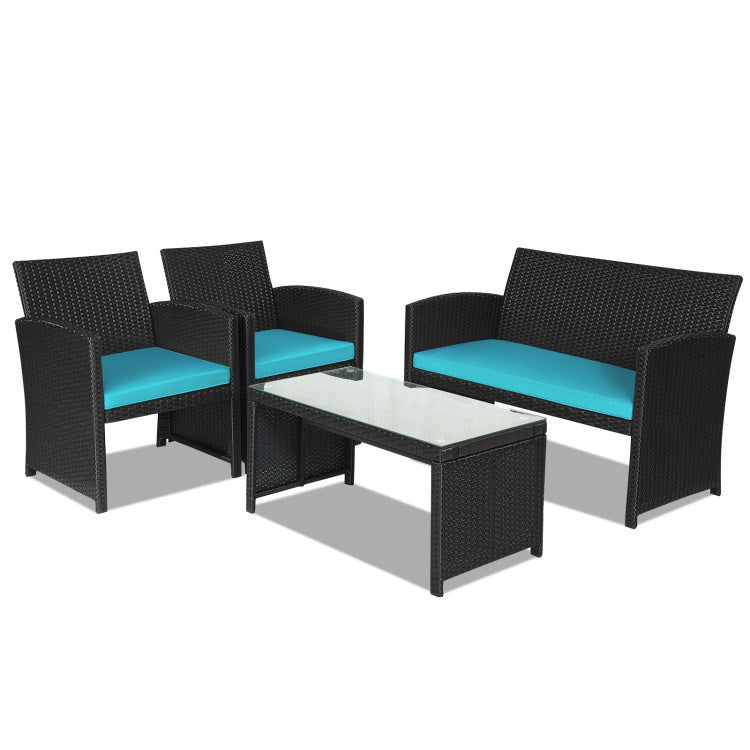 4 Pieces Rattan Patio Furniture Set with Weather Resistant Cushions and Tempered Glass Tabletop