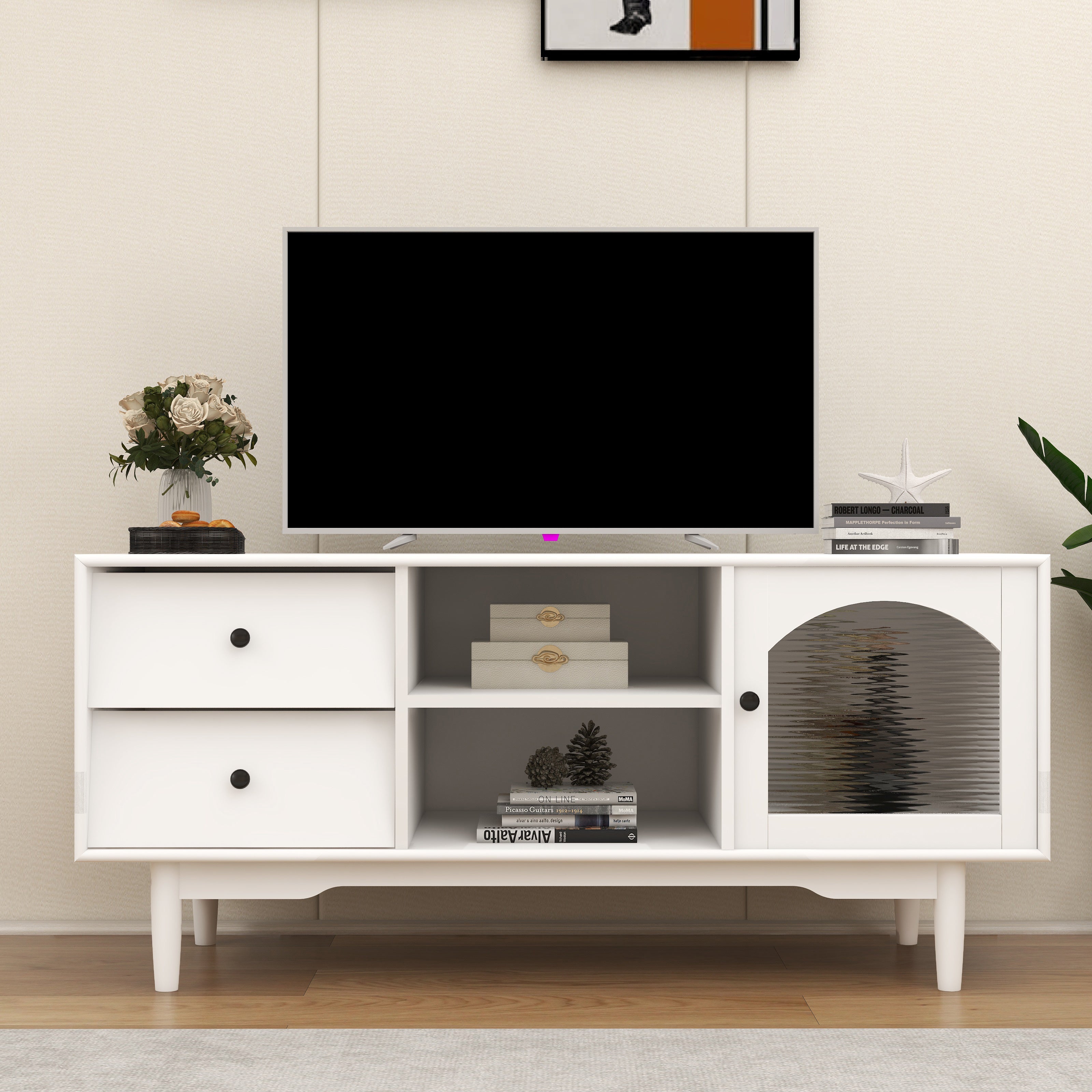 Living Room White TV Stand with Drawers and Open Shelves;  A Cabinet with Glass Doors for Storage