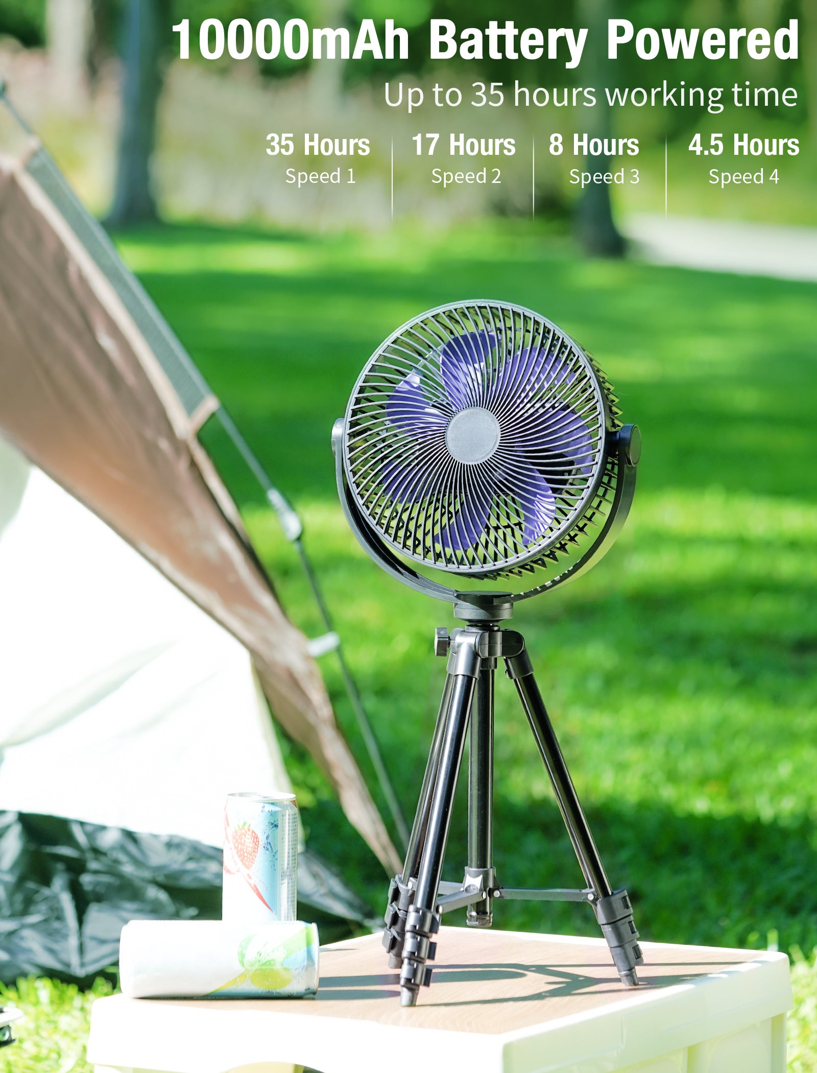 Standing Fan;  10000mAh Portable Rechargeable 8'' Battery Powered Pedestal Fan with Tent Hook 37Hours Working Time Adjustable Tripod 4 Speeds Fan for Bedroom Travel Fishing Beach Camping