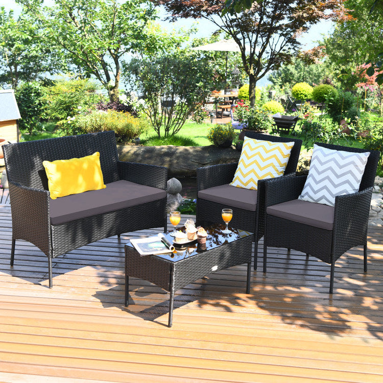 4 Pieces Patio Rattan Cushioned Sofa Set with Tempered Glass Coffee Table