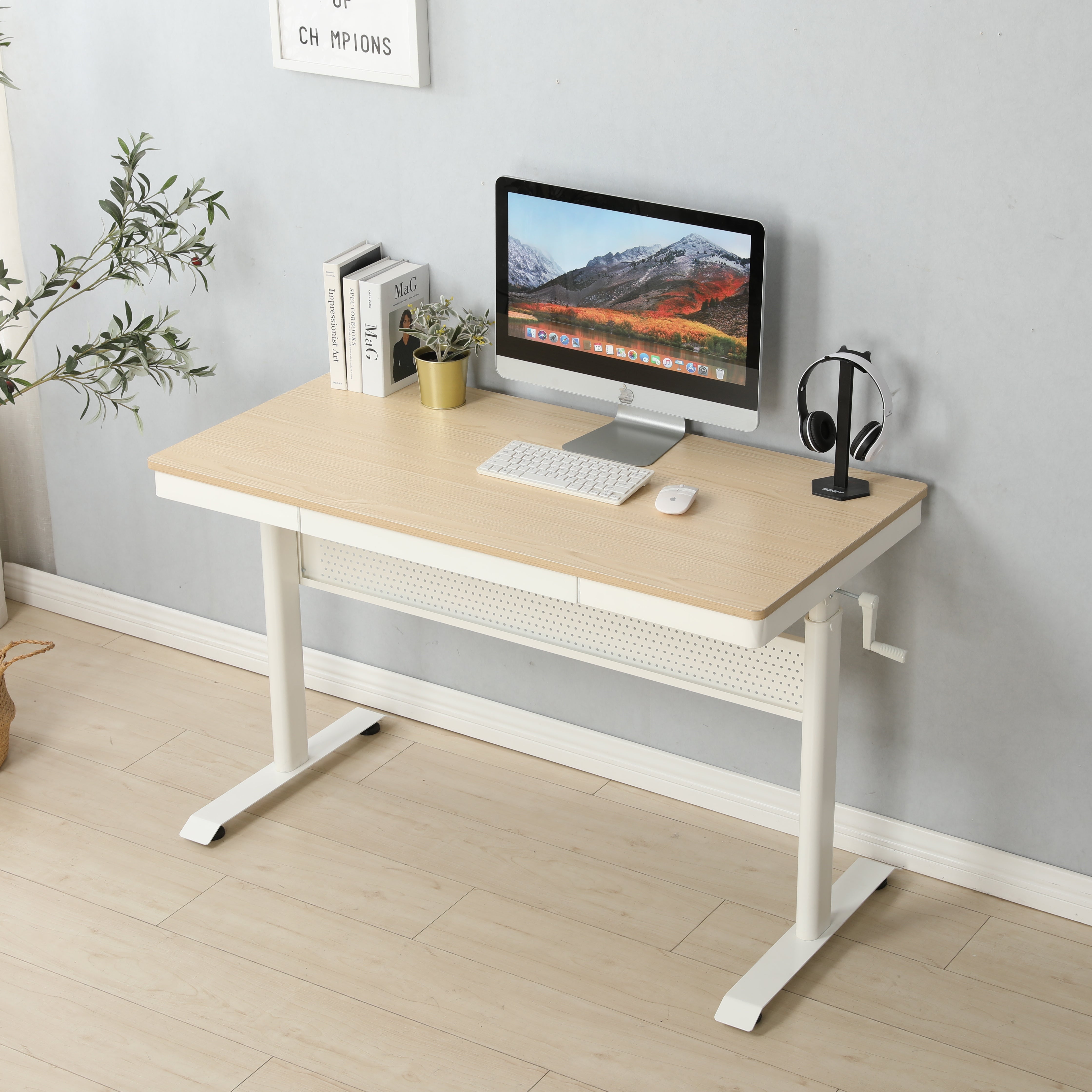(Maple Tabletop) Standing Desk with Metal Drawer 48 x 24 Inches ;  Adjustable Height Stand up Desk;  Sit Stand Home Office Desk;  Ergonomic Workstation
