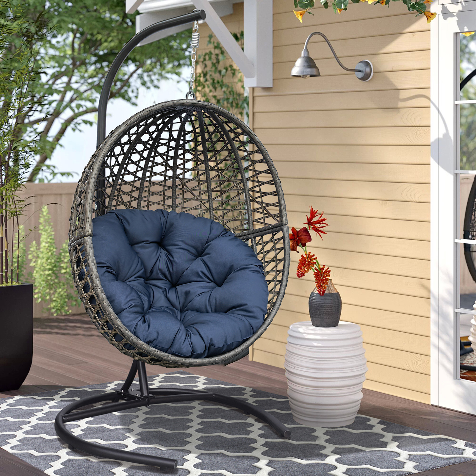 Wicker Basket Swing Chair;  Hanging Egg Chairs with Durable Stand and Waterproof Cushion for Outdoor Patio