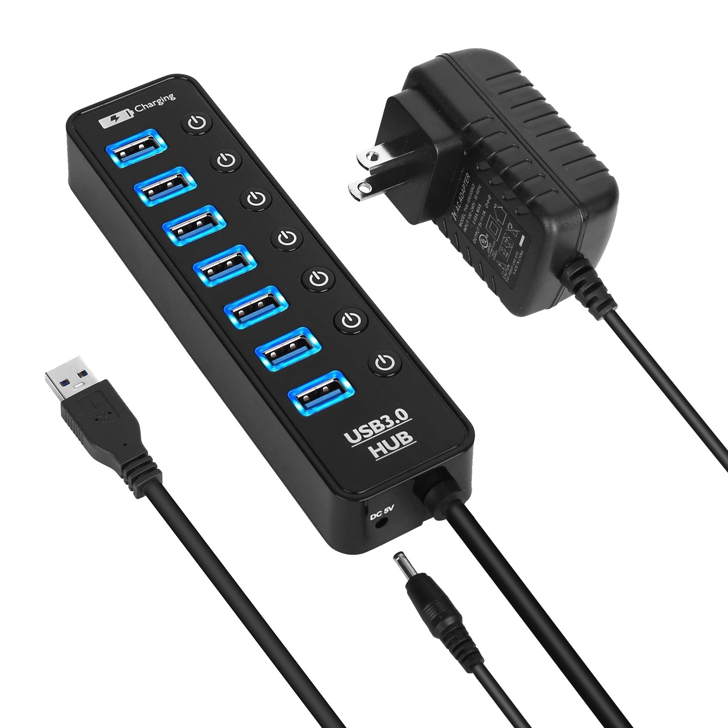 7 Port USB 3.0 Data Hub Adapter Splitter Expander with on off Switches Power Adapter High Speed Data Sync for PC Laptop Flash Drive Printer Camera