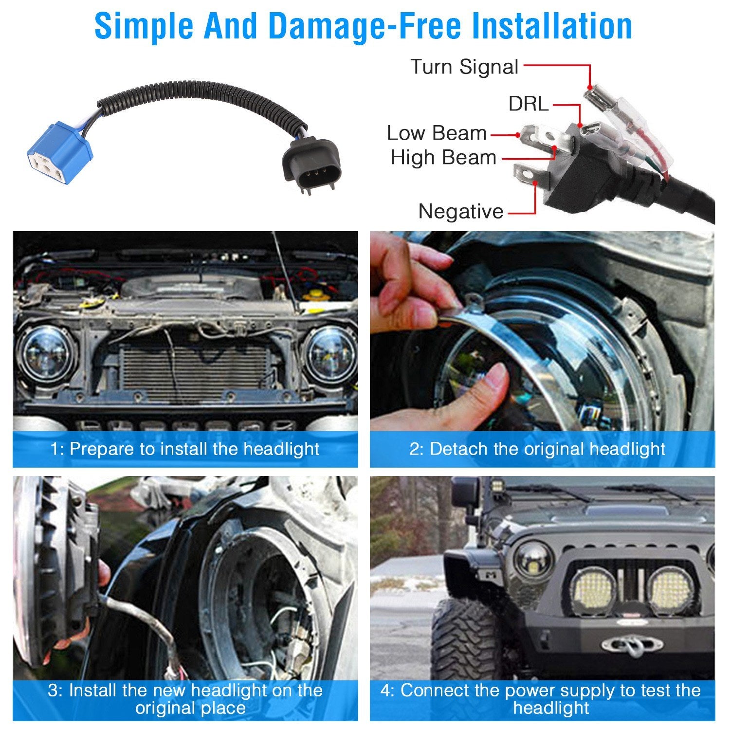 7In 40W Round LED Headlight 3800LM Halo Car Headlamp with DRL Turn Light High Low Beam Fit for Honda Yamaha Motorcycle Jeep Wrangler TJ JK CJ