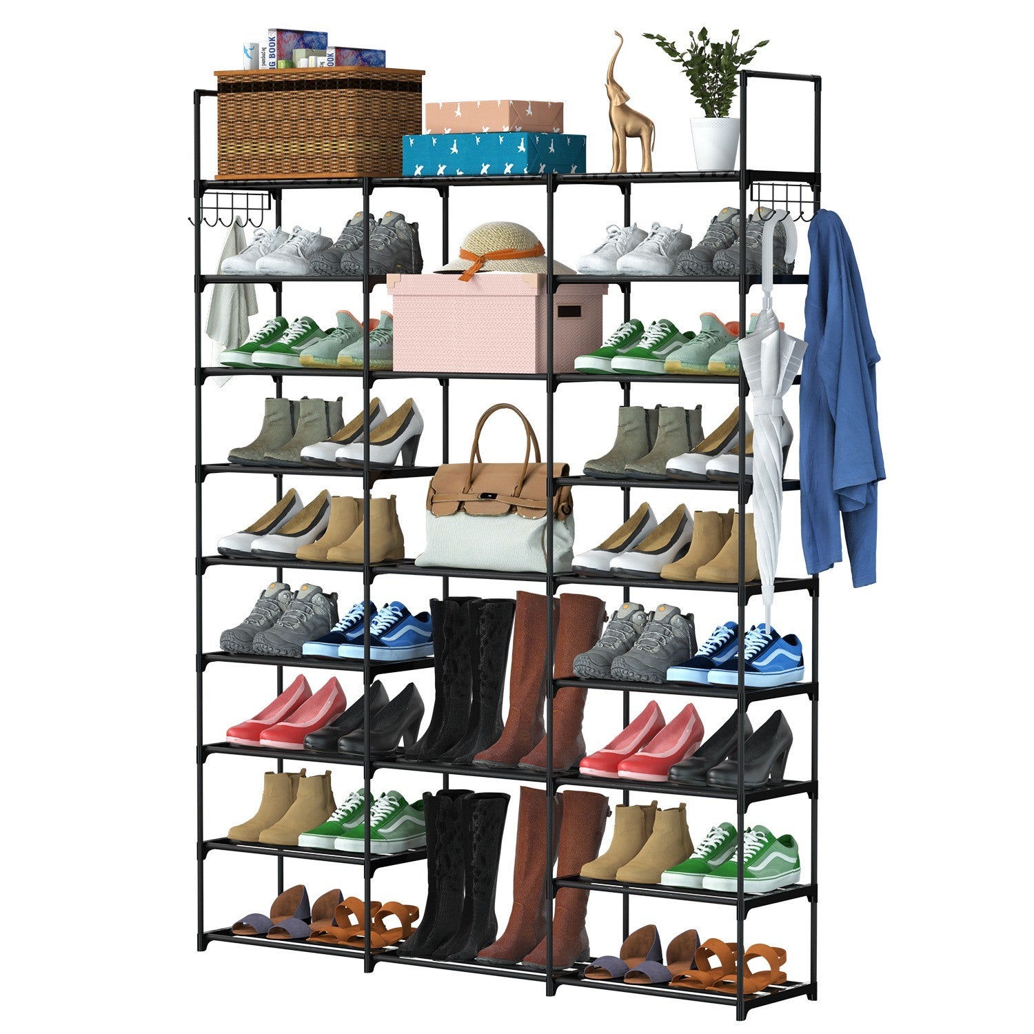 9 Tiers Shoe Rack Metal Shoe Storage Shelf Free Standing Large Shoe Stand with 2 Hooks for Entryway Closet Garage Bedroom