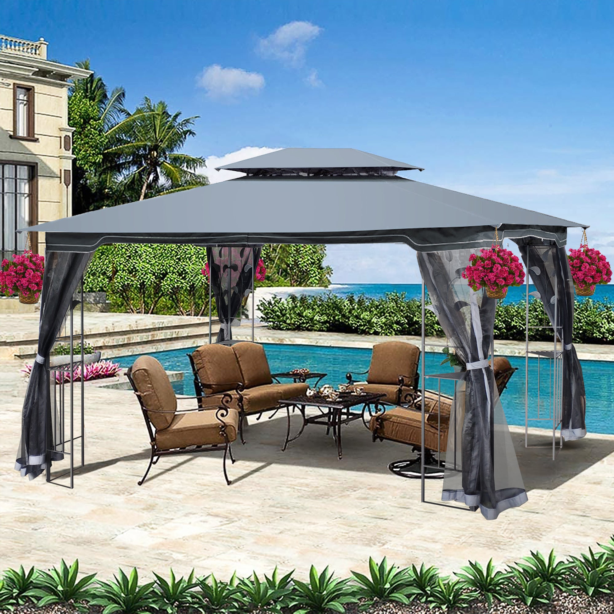 13x10 Outdoor Patio Gazebo Canopy Tent With Ventilated Double Roof And Mosquito net(Detachable Mesh Screen On All Sides); Suitable for Lawn;  Garden;  Backyard and Deck