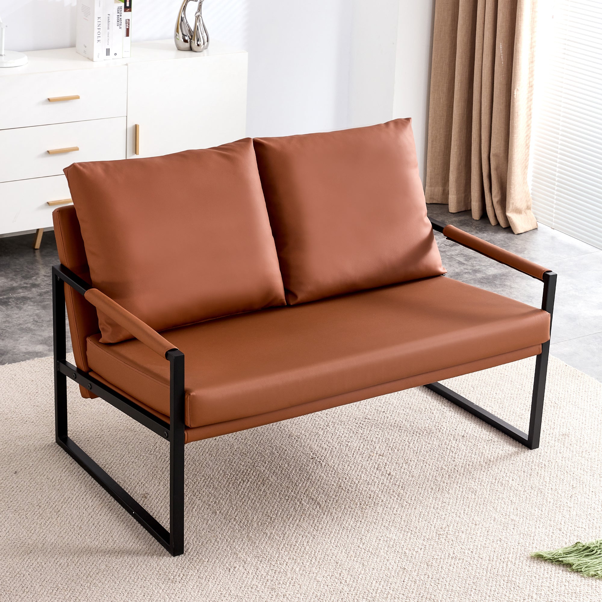 Stylish Two-Seater Sofa Chair with 2 Pillows - Comfortable PU Leather, High-Density Foam - Modern Design, Easy to Clean - Sturdy Metal Frame - Perfect for Cozy Living Spaces