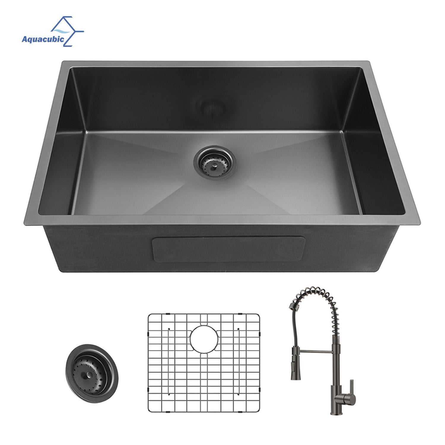 Aqucubic Gunmetal Black Handmade 304 Stainless Steel Undermount Kitchen Sink with Accessories and faucet