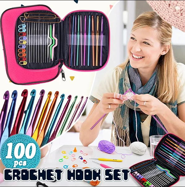 100PCS DIY Crochet Hooks Needles Stitches Knitting Craft Crochet Sewing Set Weaving Tools With Storage Bag