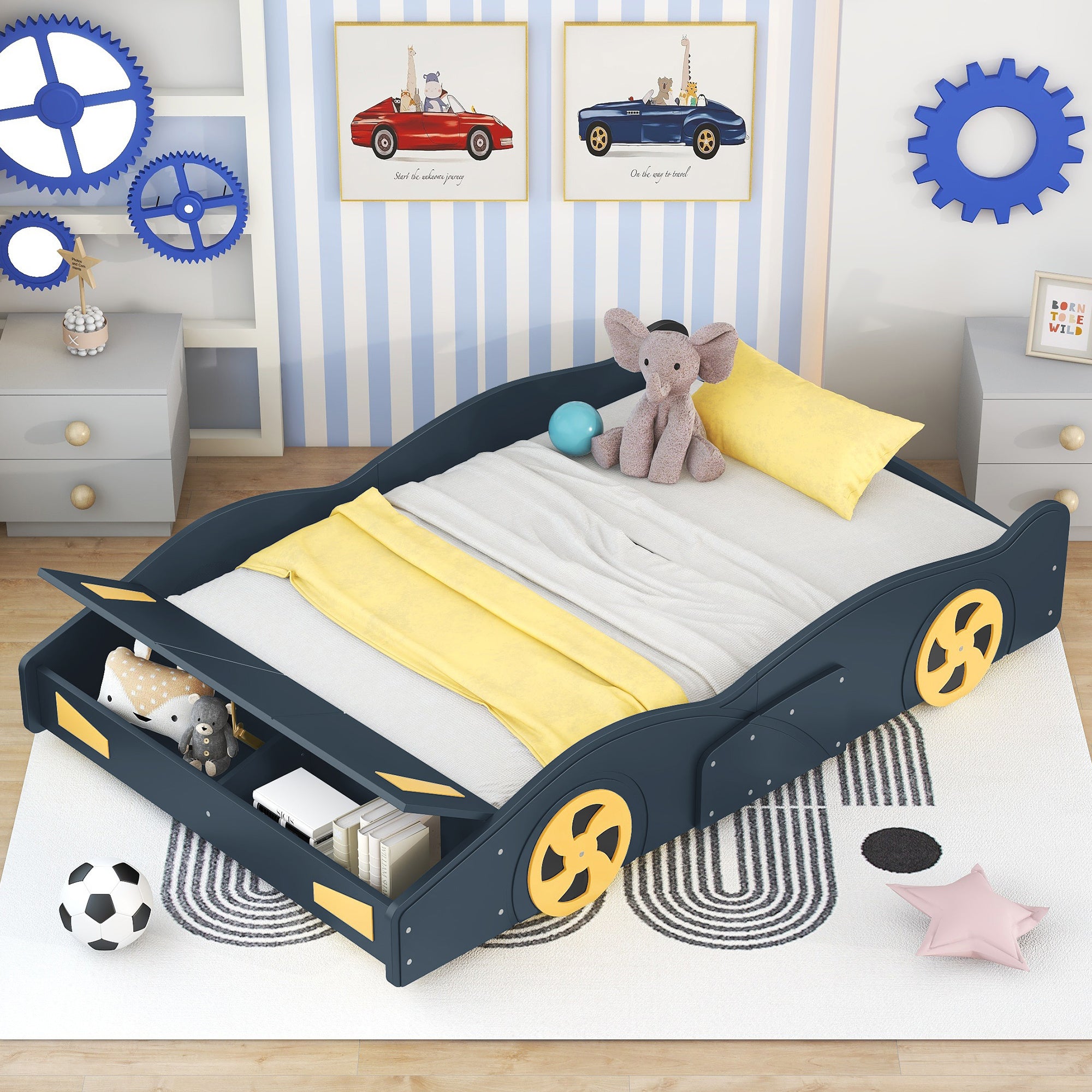 Full Size Race Car-Shaped Platform Bed with Wheels and Storage, Dark Blue+Yellow