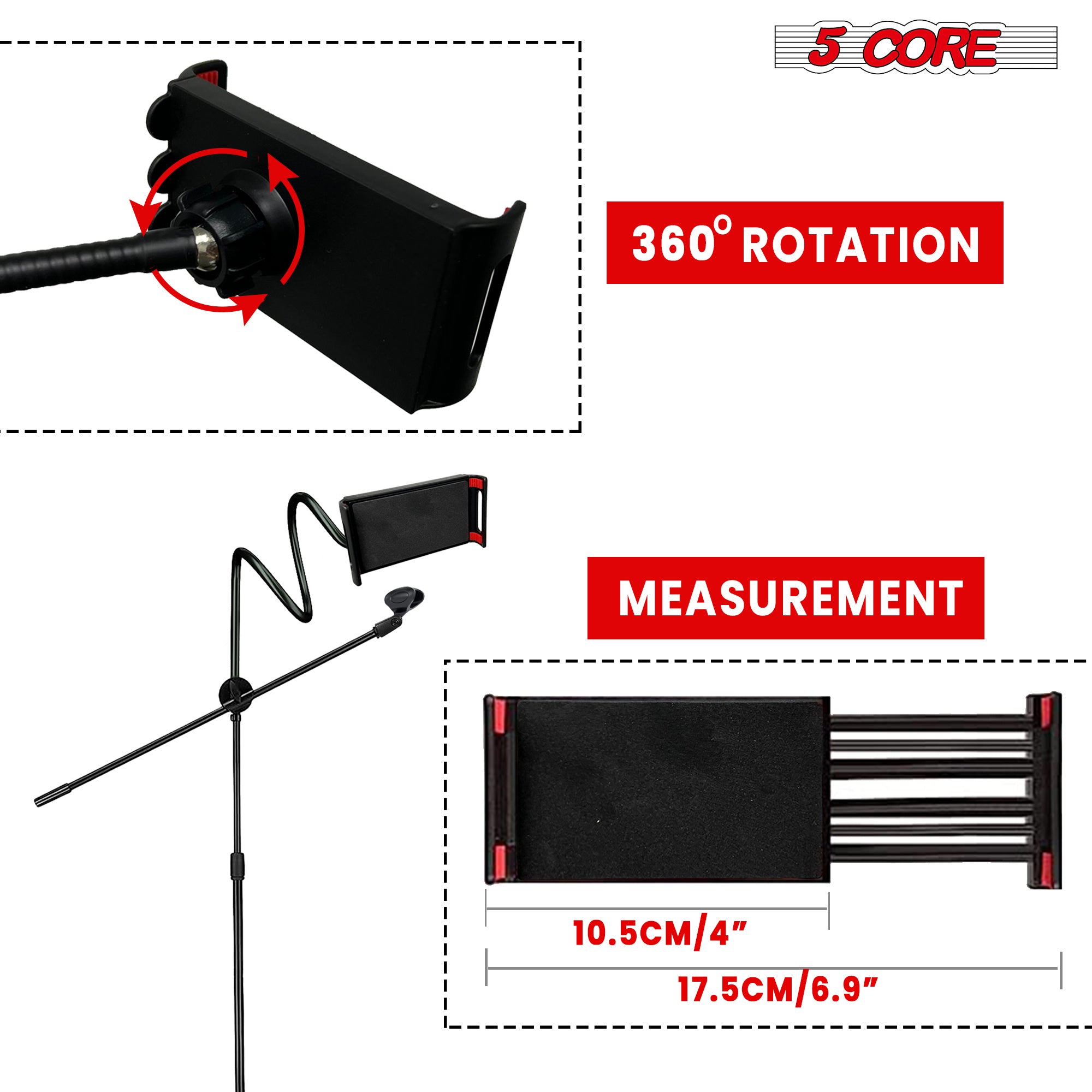 5 Core Microphone Stand with Gooseneck Tablet Holder Lightweight Adjustable Collapsible Tripod Boom Mic Stand w Mic Clip Telescopic Arm -MS PAD/MOB