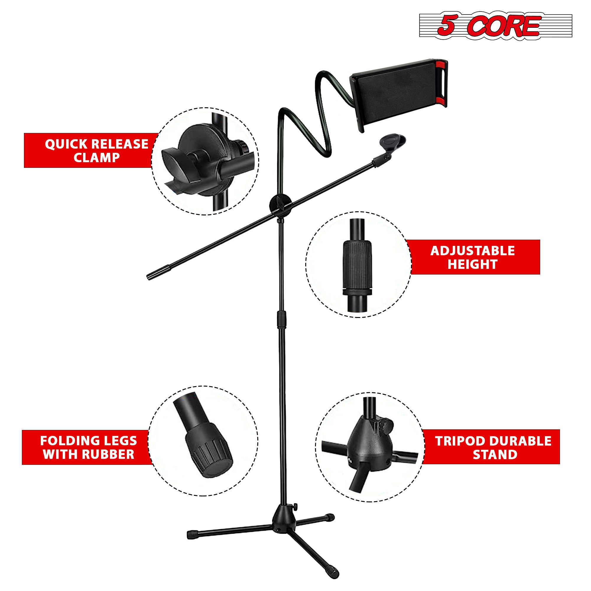 5 Core Microphone Stand with Gooseneck Tablet Holder Lightweight Adjustable Collapsible Tripod Boom Mic Stand w Mic Clip Telescopic Arm -MS PAD/MOB