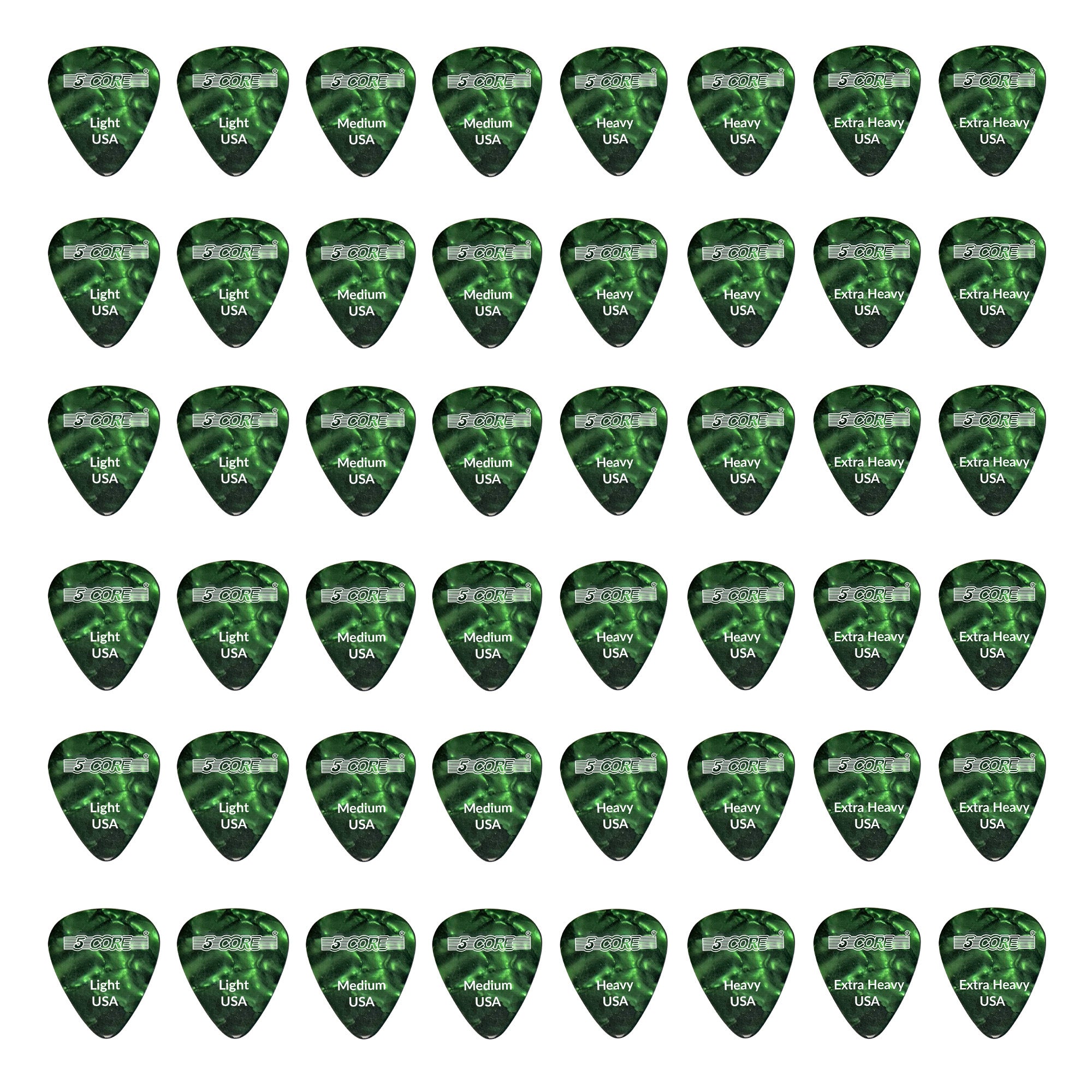 5 Core Guitar Picks | Green Color Picks for Guitar 48 Pieces | Light, Medium, Heavy, and Extra Heavy Gauge| Durable Premium Celluloid Guitar Picks 0.4