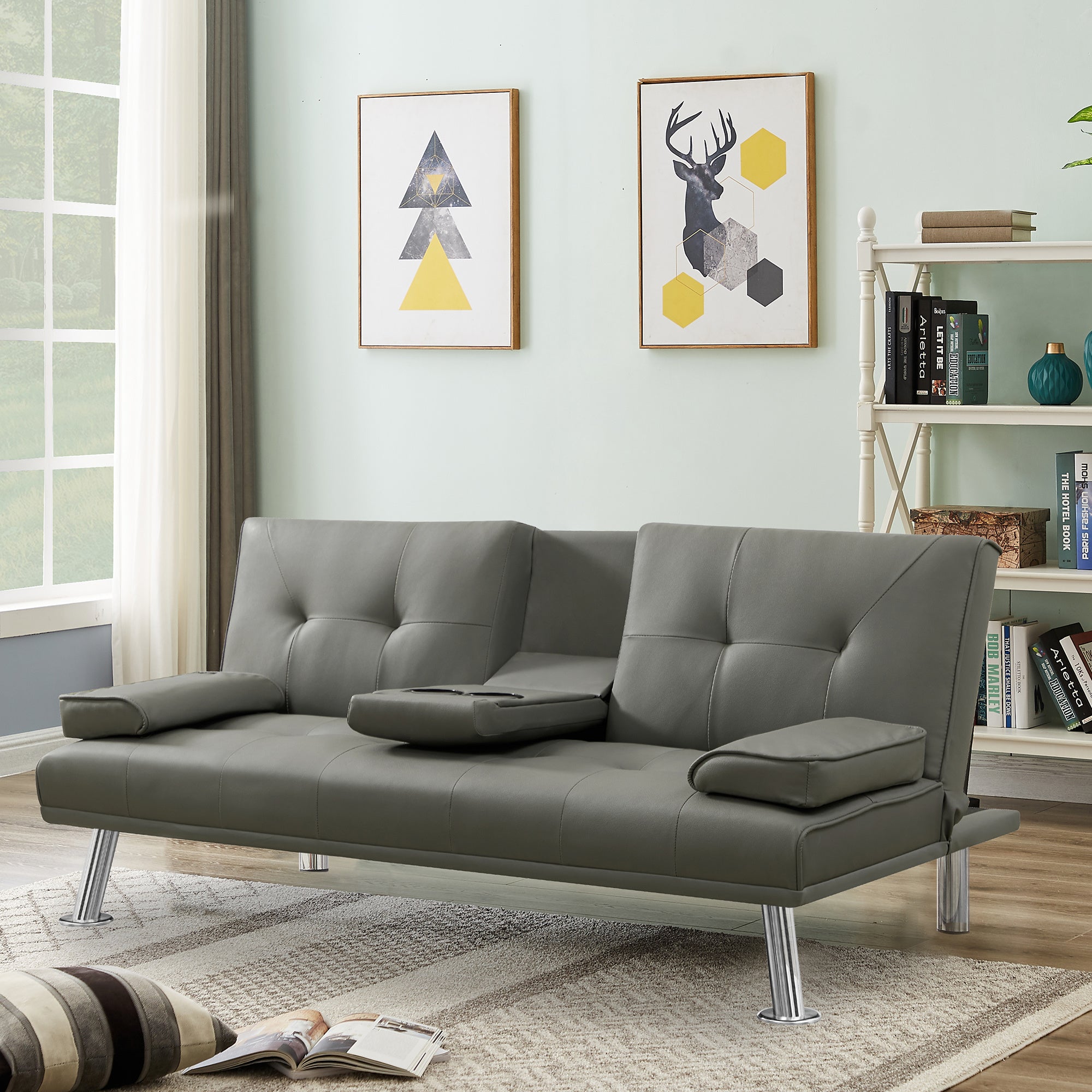 GREY PU SOFA BED WITH CUP HOLDER