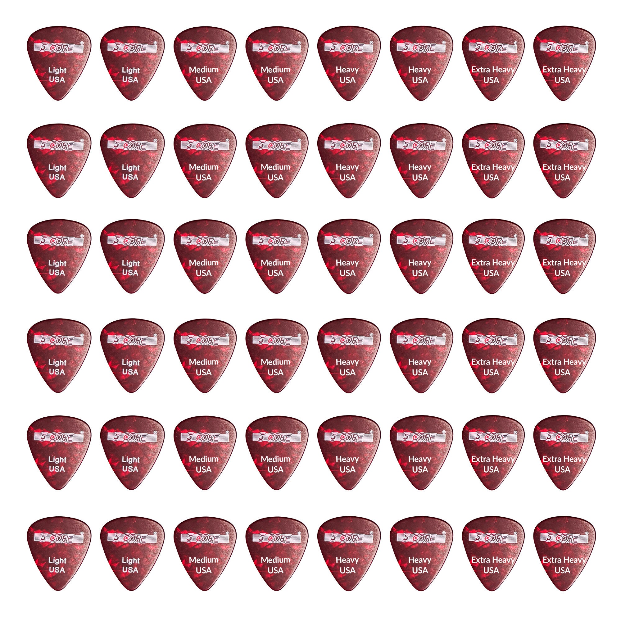 5 Core Guitar Picks | Red Color Picks for Guitar 48 Pieces | Light, Medium, Heavy, and Extra Heavy Gauge| Durable Premium Celluloid Guitar Picks 0.46m