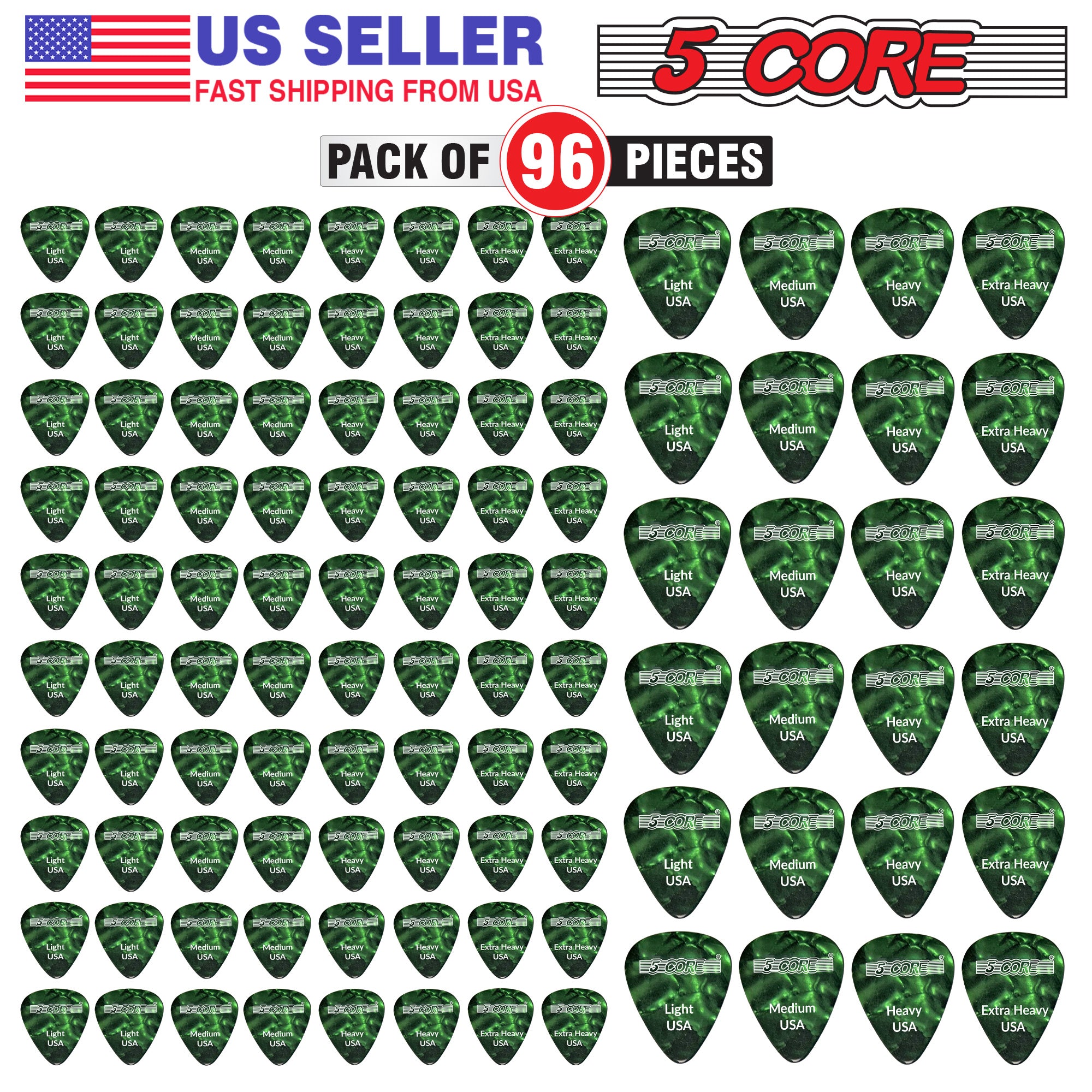 5 Core Guitar Picks | Green Color Picks for Guitar 96 Pieces | Light, Medium, Heavy, and Extra Heavy Gauge| Durable Premium Celluloid Guitar Picks 0.46mm to 1.2mm- G PICK ALL GR 96PK