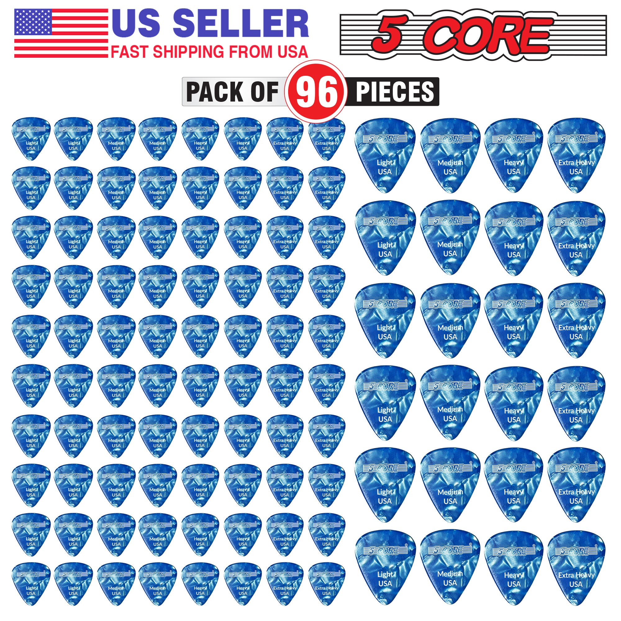 5 Core Guitar Picks | Blue Color Picks for Guitar 96 Pieces | Light, Medium, Heavy, and Extra Heavy Gauge| Durable Premium Celluloid Guitar Picks 0.46mm to 1.2mm- G PICK ALL BLU 96PK