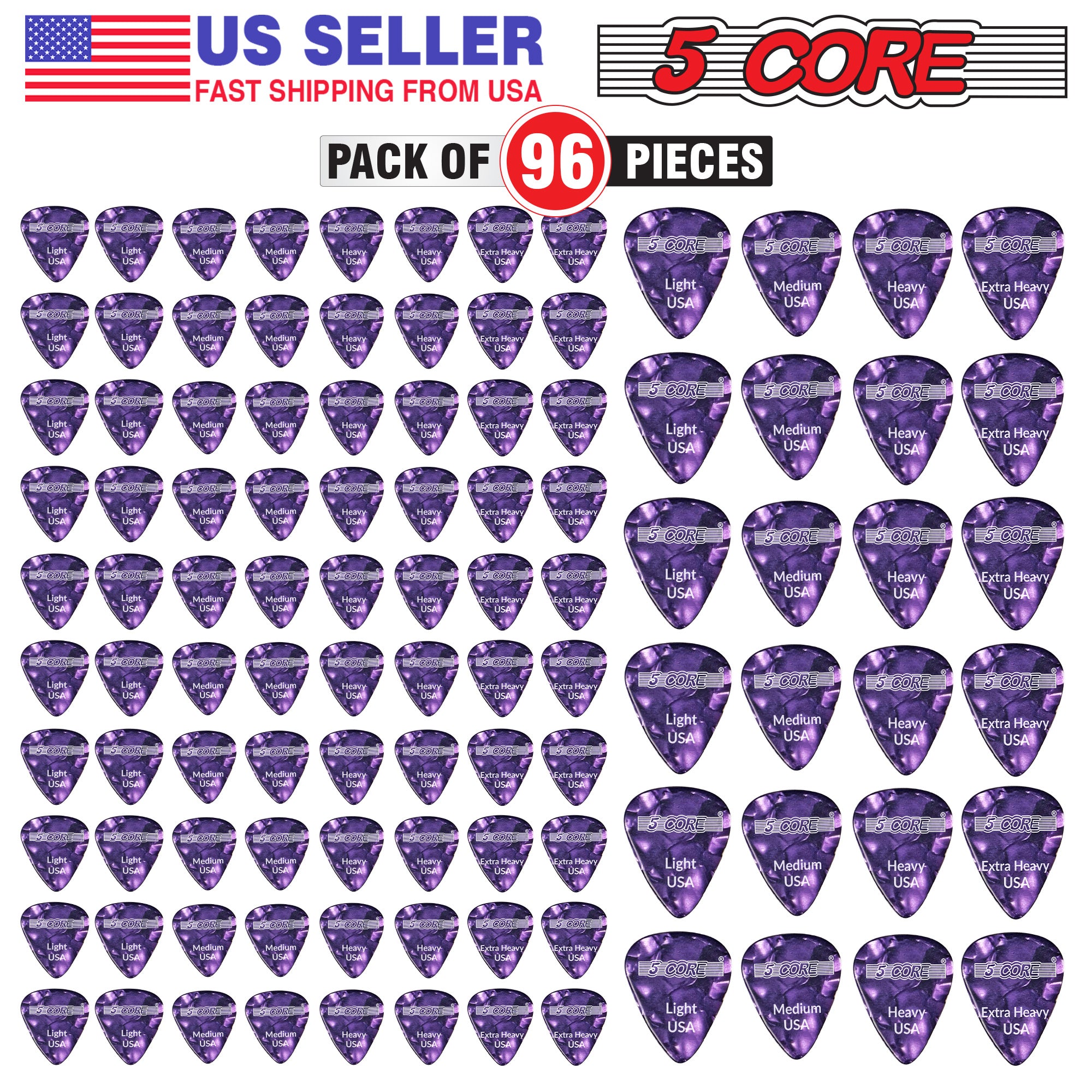 5 Core Guitar Picks | Purple Color Picks for Guitar 96 Pieces | Light, Medium, Heavy, and Extra Heavy Gauge| Durable Premium Celluloid Guitar Picks 0.46mm to 1.2mm- G PICK ALL PR 96PK