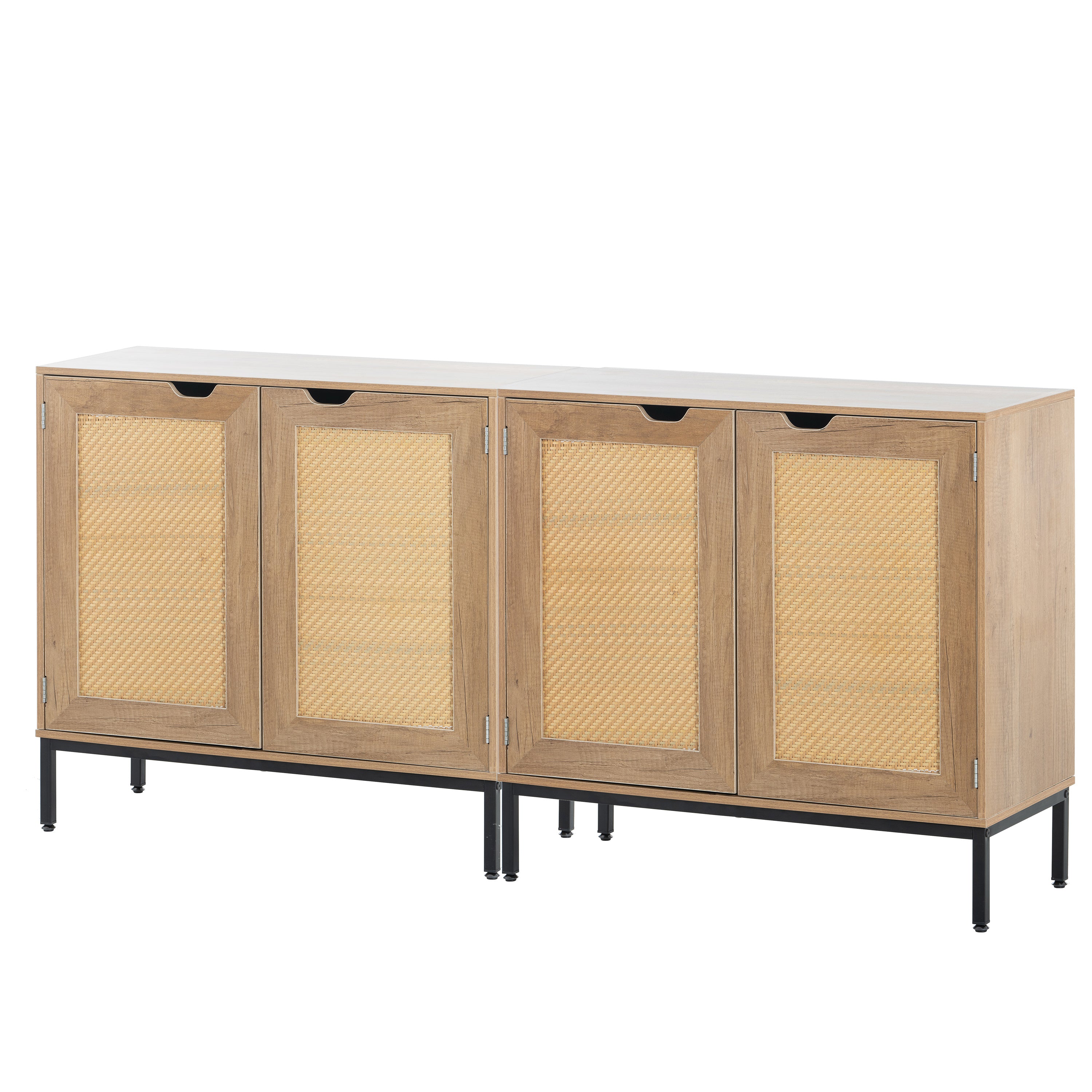 Set2 of Rustic Accent Storage Cabinet with 2 Rattan Doors, Mid Century Natural Wood Sideboard Furniture for Living Room