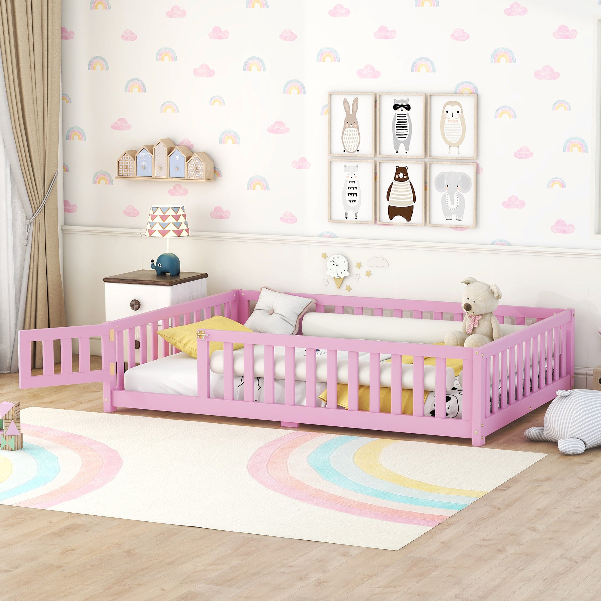 Full Size Bed Floor Bed with Safety Guardrails and Door for Kids, Pink