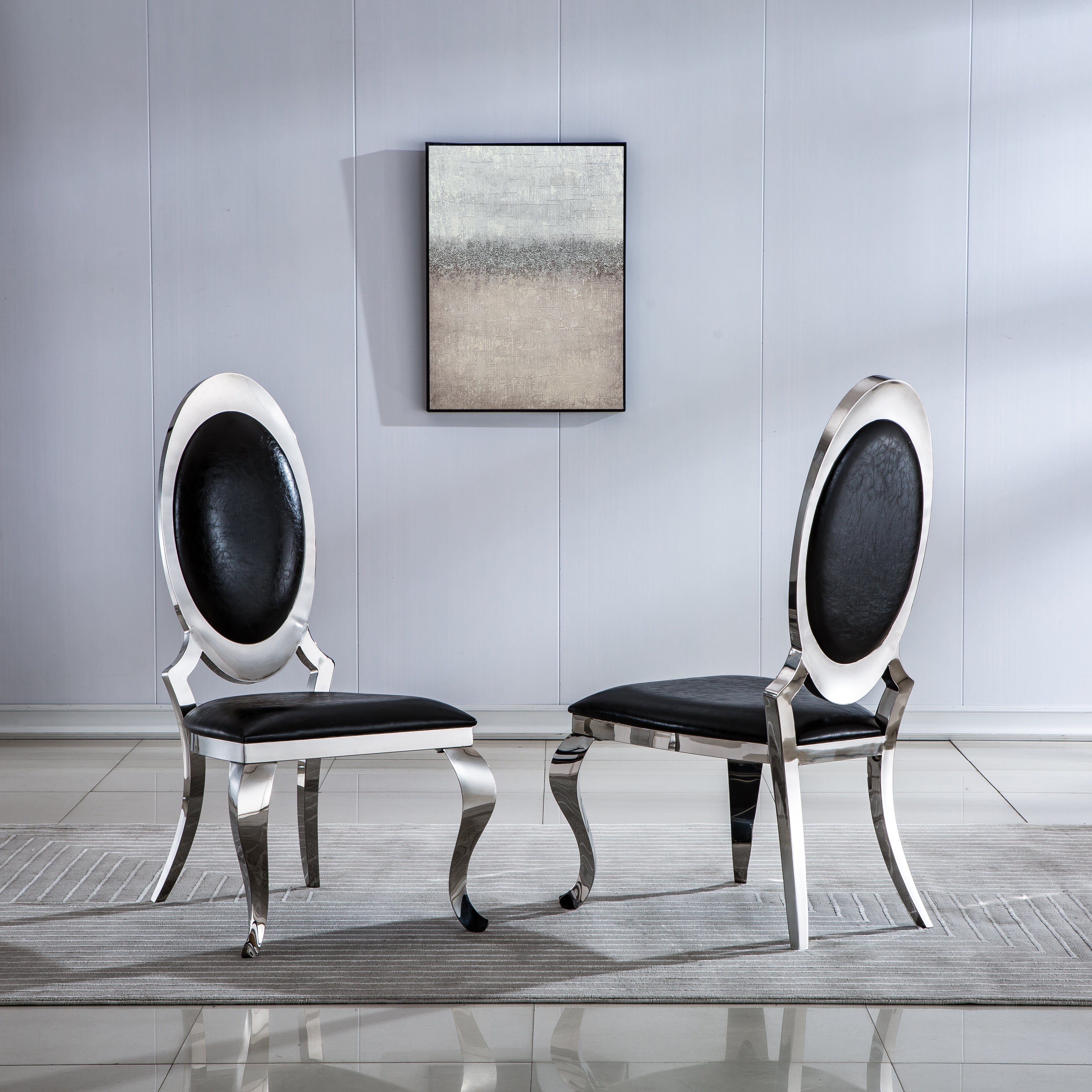 Leatherette Dining Chair with Oval Backrest Set of 2, Stainless Steel Legs